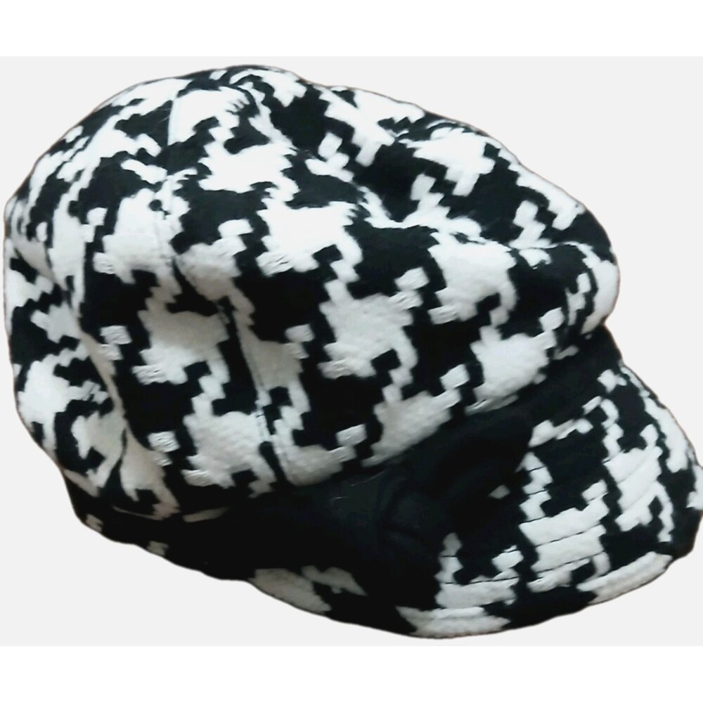 Houndstooth Newsboy Cap Women's Wool Blend Baker Boy Cabbie Hat Black White
